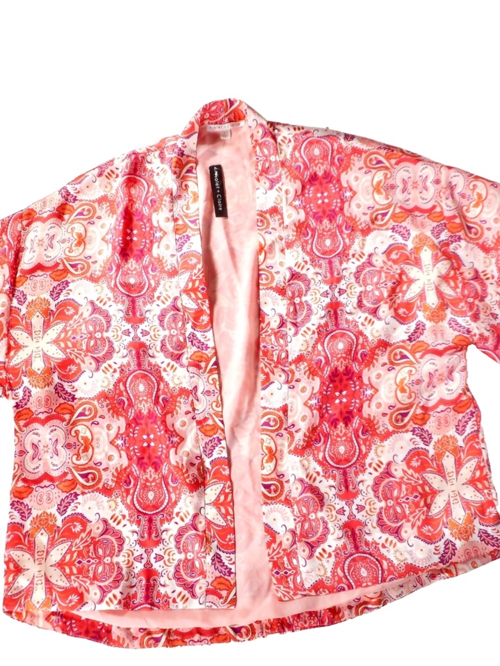 Violet + Claire Red Pink Orange Sz L Kimono Open Front Blazer Topper Paisley